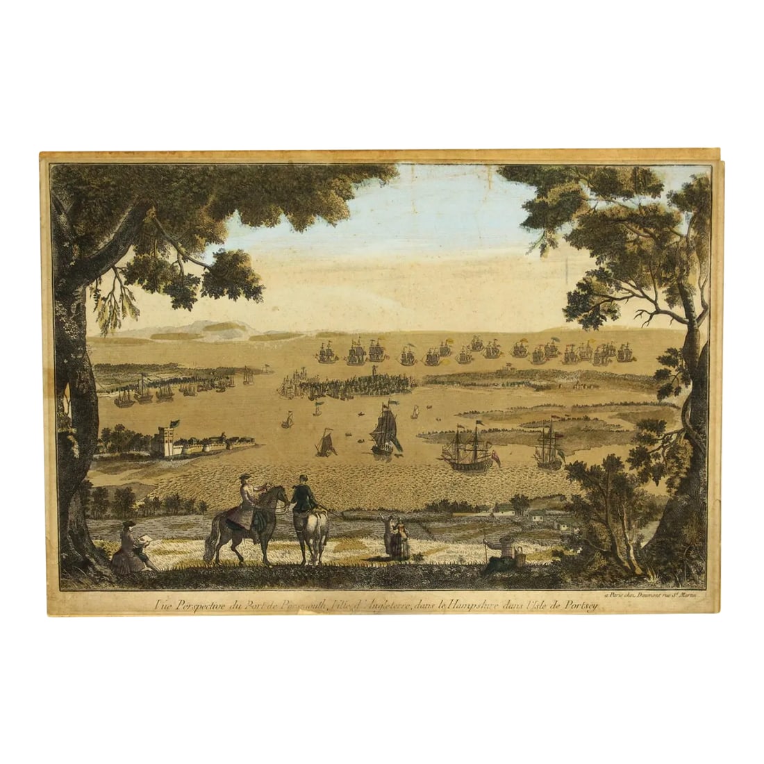 1760's Vue d'Optique Optical View of Portsmouth, Jean-Francois Daumont, Paris: An impressive and scarce 1760's copper plate engraving, originally hand colored An historical panoramic view of the Port of Portsmouth, England from the second half of the 18th century It depicts an