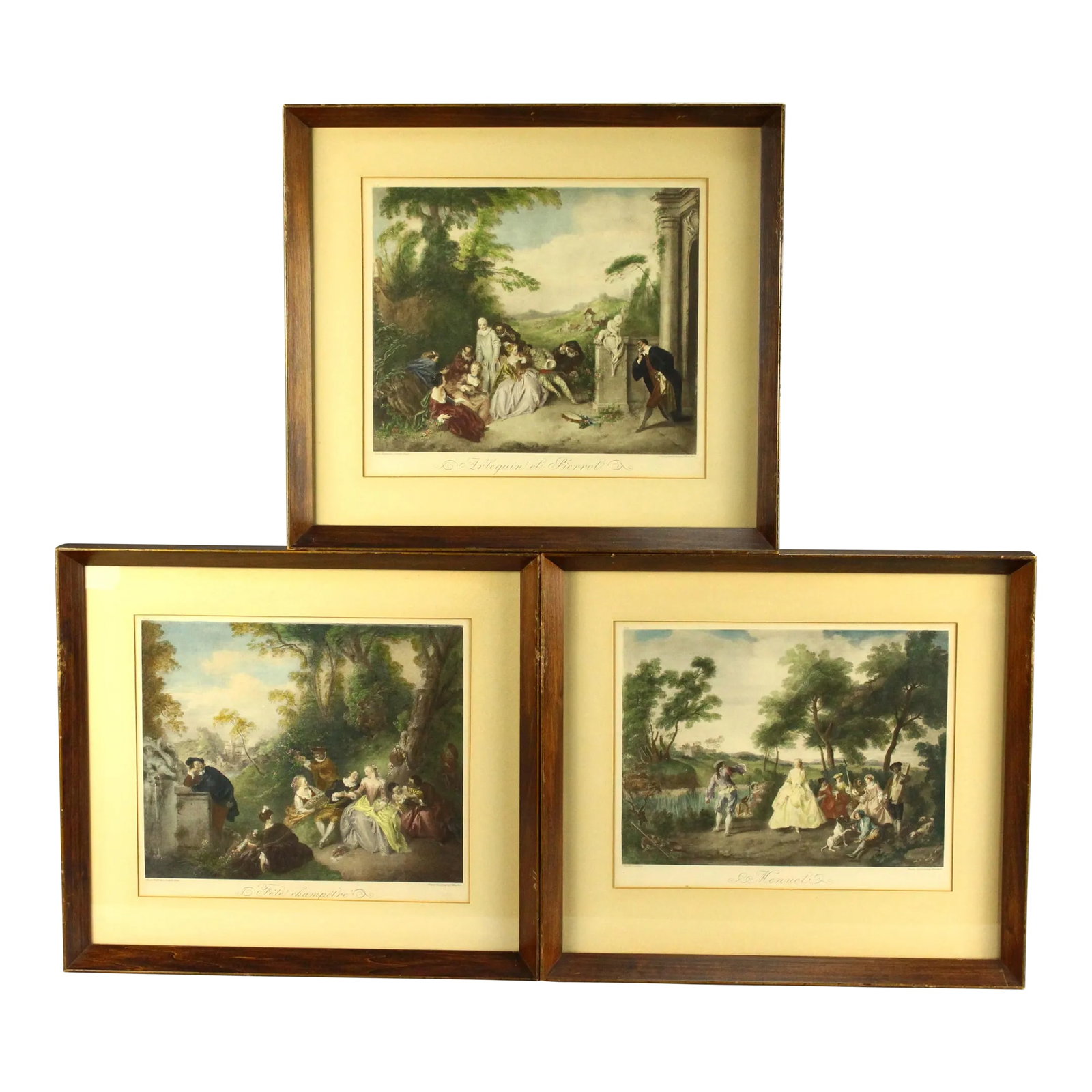 F. Hanfstaengl Antique Set of 3 Tinted Lithographs Rococo Comedia Dell'Arte: A great group of three 19th century hand colored lithographs All these are made by the same engraver: Franz Seraph Hanfstaengl (Germany, 1804-1877) a Bavarian painter, lithographer, and photographer.
