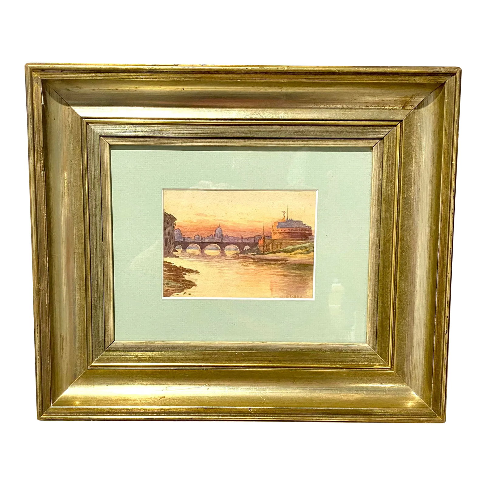 19th C. Rome Riverscape by Charles Theodore Frere, Ponte Sant'Angelo: Warm colors of the Tiber river Ponte Sant'Angelo bridge, to the right is Castel Sant'Angelo, and in the background in silhouette is architecture/city with St. Peter's Basilica. A pale blue mat