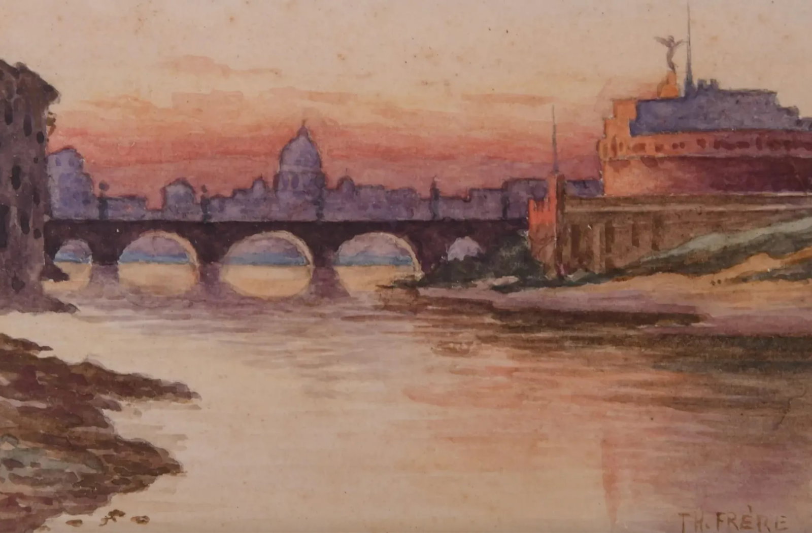 19th C. Rome Riverscape by Charles Theodore Frere, Ponte Sant'Angelo - 2