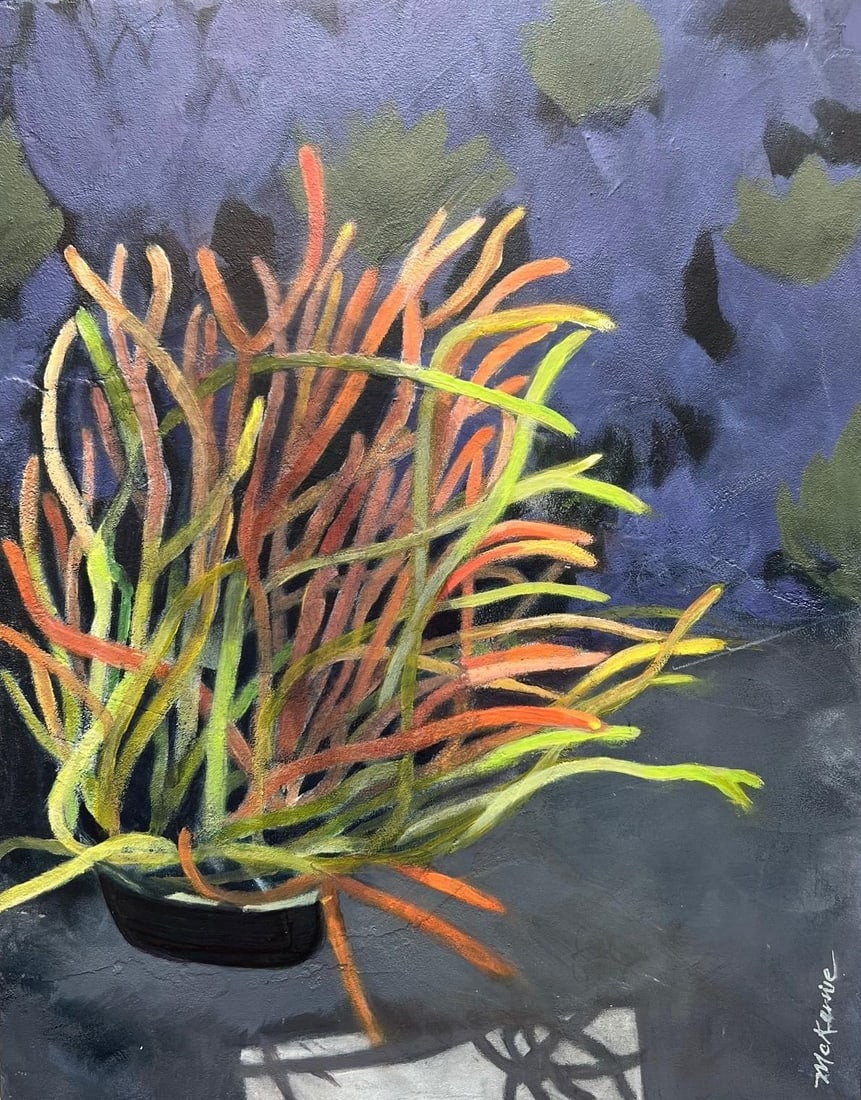 "Fire Frenzy" California Impressionist Still Life of Plant in Multi Neon Green, Orange by Mill Valle: Title: "Fire Frenzy" This succulent drew me in with its neon-colored stems. Original (New) - Acrylic on boxed wooden panel My art is inspired by both natural and built environments, primarily of the