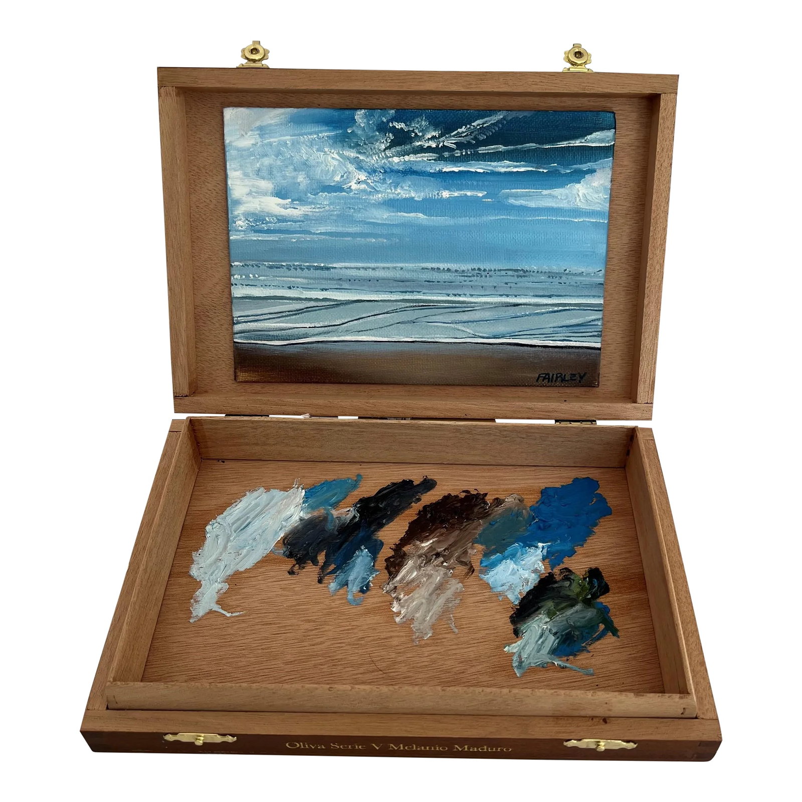 Cali Dreamin Box, Original Oil Painting Assemblage Artwork by Jessica Fairley: Cali Dreamin Box takes you away to the Southern California coast. It looks like a normal wooden cigar box, until you open the cover to reveal an original oil painting and palette in one extraordinary 