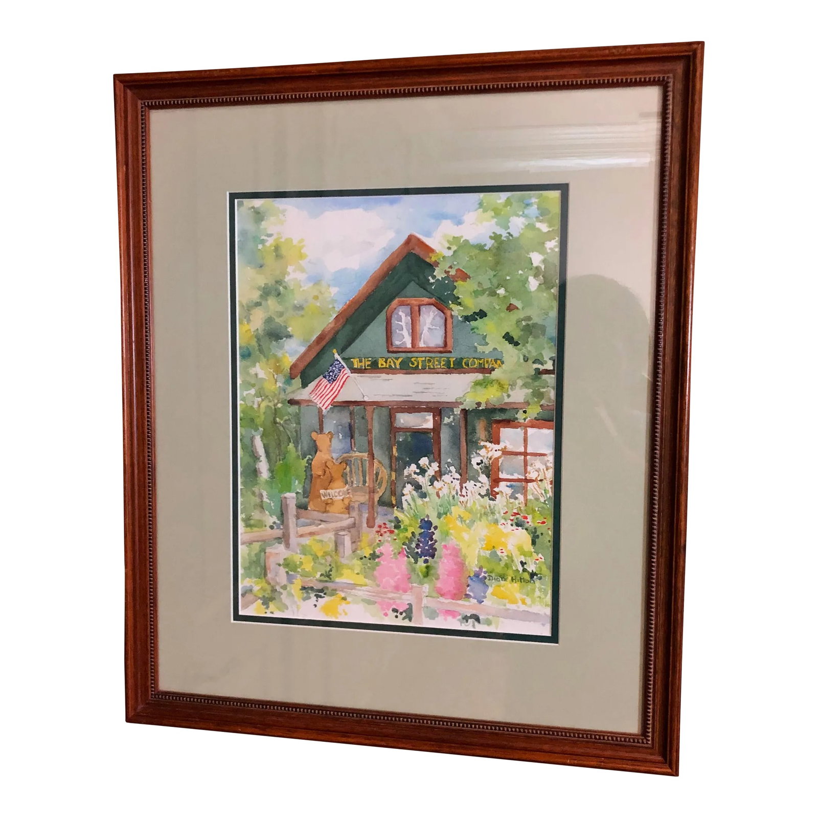 Late 20th Century Watercolor Painting by Diane Hilton of the Bay Street Company Colorado, Framed: This original watercolor painting by Diane Hilton of the Bay Street Company located on Main Street in Breckenridge Colorado is in good condition as pictured with some starches to the frame (see last