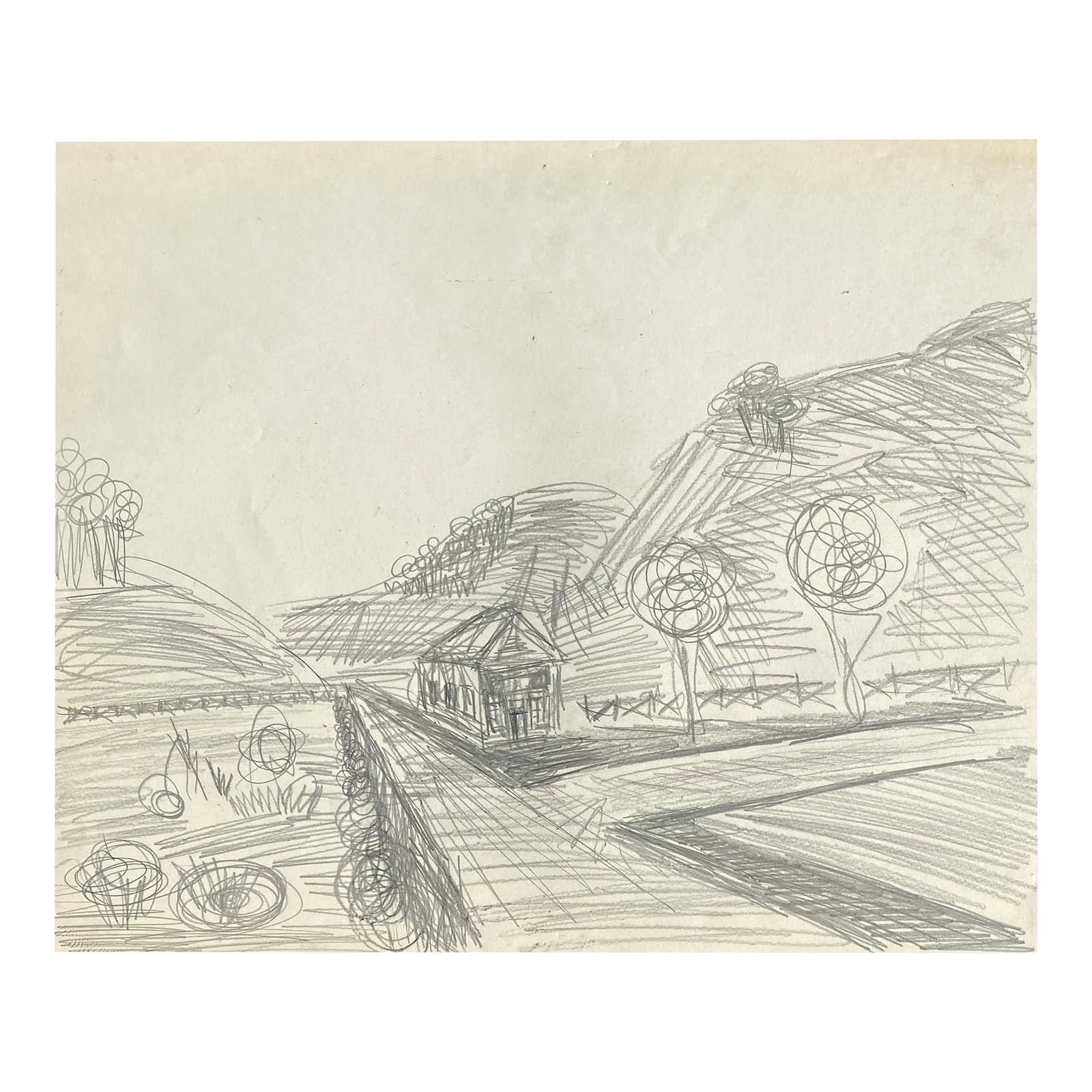 1964 Larry Connatser Chicago Landscape: Drawing on paper from the estate of Atlanta self taught artist Laurence Stuart Connatser (1938-1996). Connatser was born in Birmingham, Alabama and grew up in Atlanta. He earned degree in literature