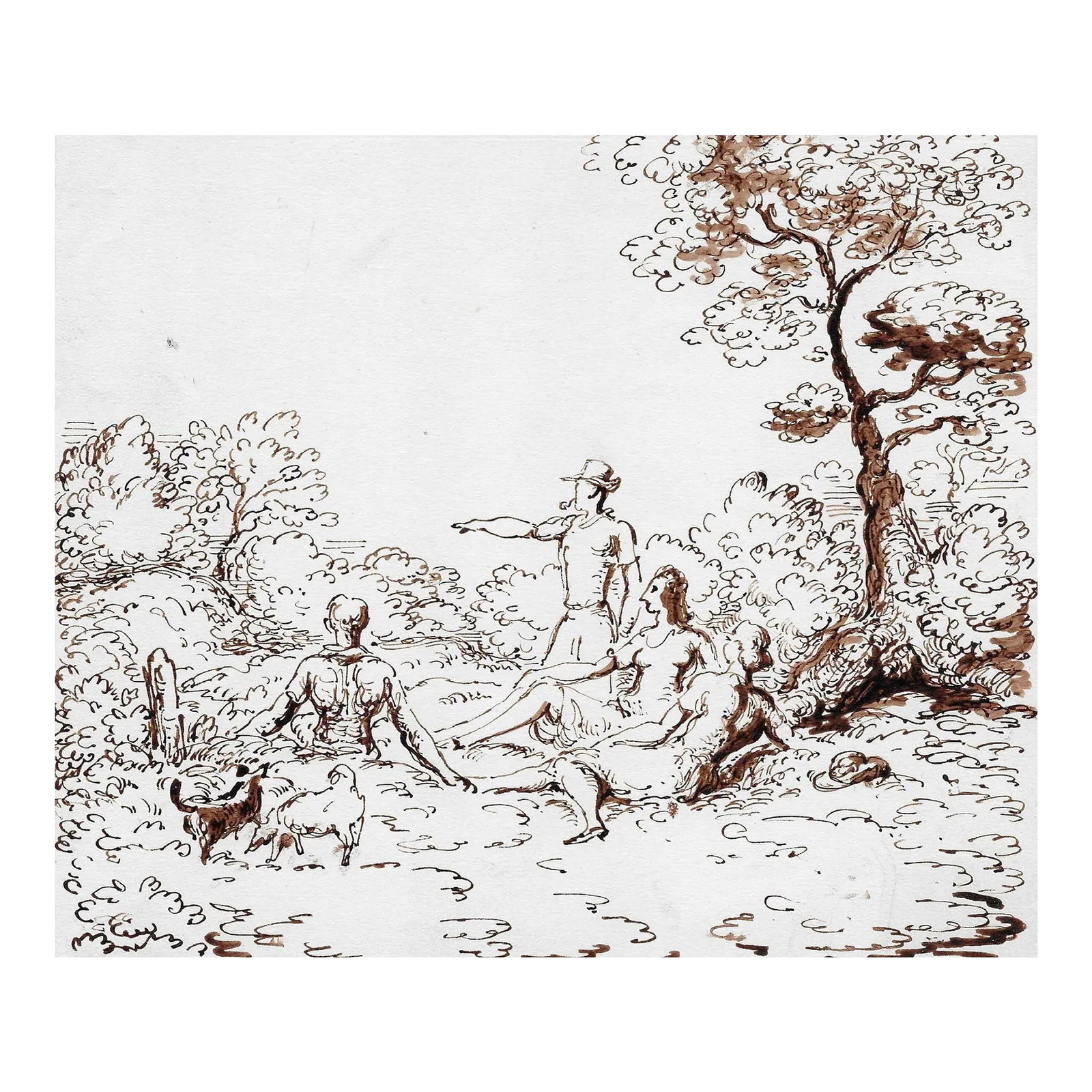 1930s Harold Hope Read English Countryside Scene With Figures: Drawing by English artist Harold Hope Read (1881-1959). Read's "High Life" series satirically illustrated the lives of the upper class in Great Britain. Read regularly submitted works to the Royal