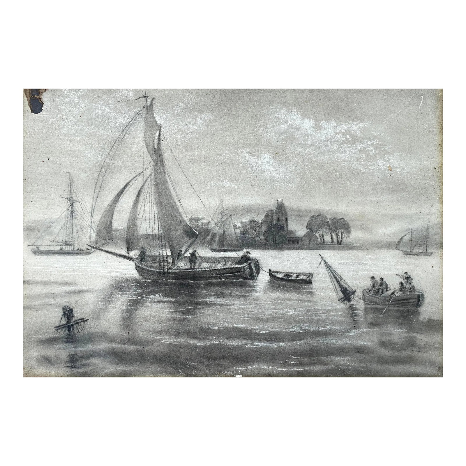 Antique French Nautical Drawing After Theodore Gudin: Antique drawing of a seascape by Mademoiselle Skelton after the French artist Theodore Gudin (1802-1880). Inscribed on the back in French. The drawing is drawn on artist's sandpaper in which the