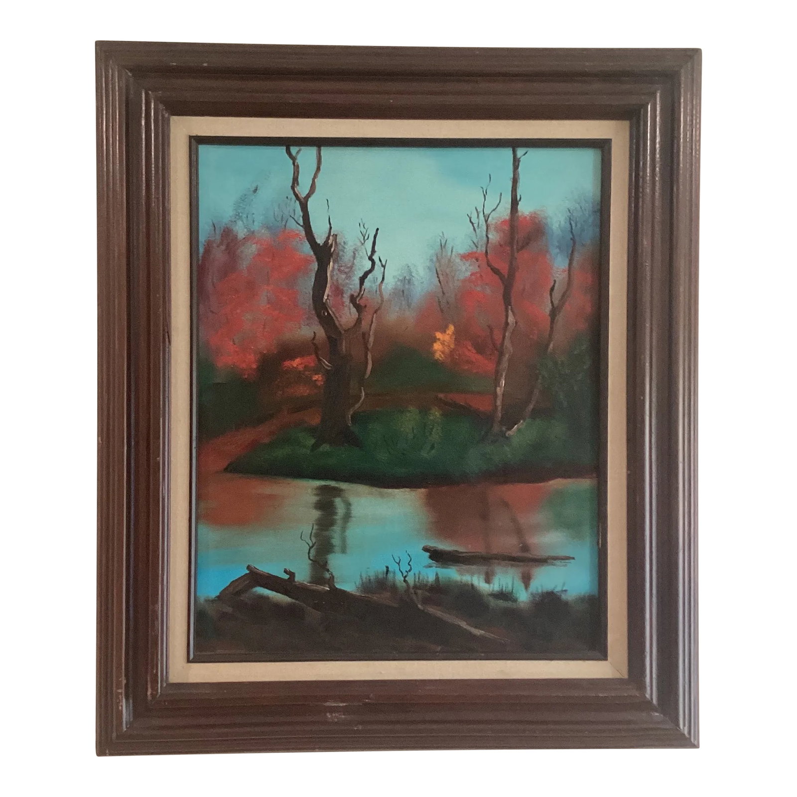 Mid Century Autumn Colors Landscape Painting on Canvas "October. Red Forest " Framed by M. Marten: Mid Century Autumn Colors Landscape Painting Signed by M. Marten Landscape paintings make great interior decoration pieces. They are a constant reminder of the beauty in nature. Condition: