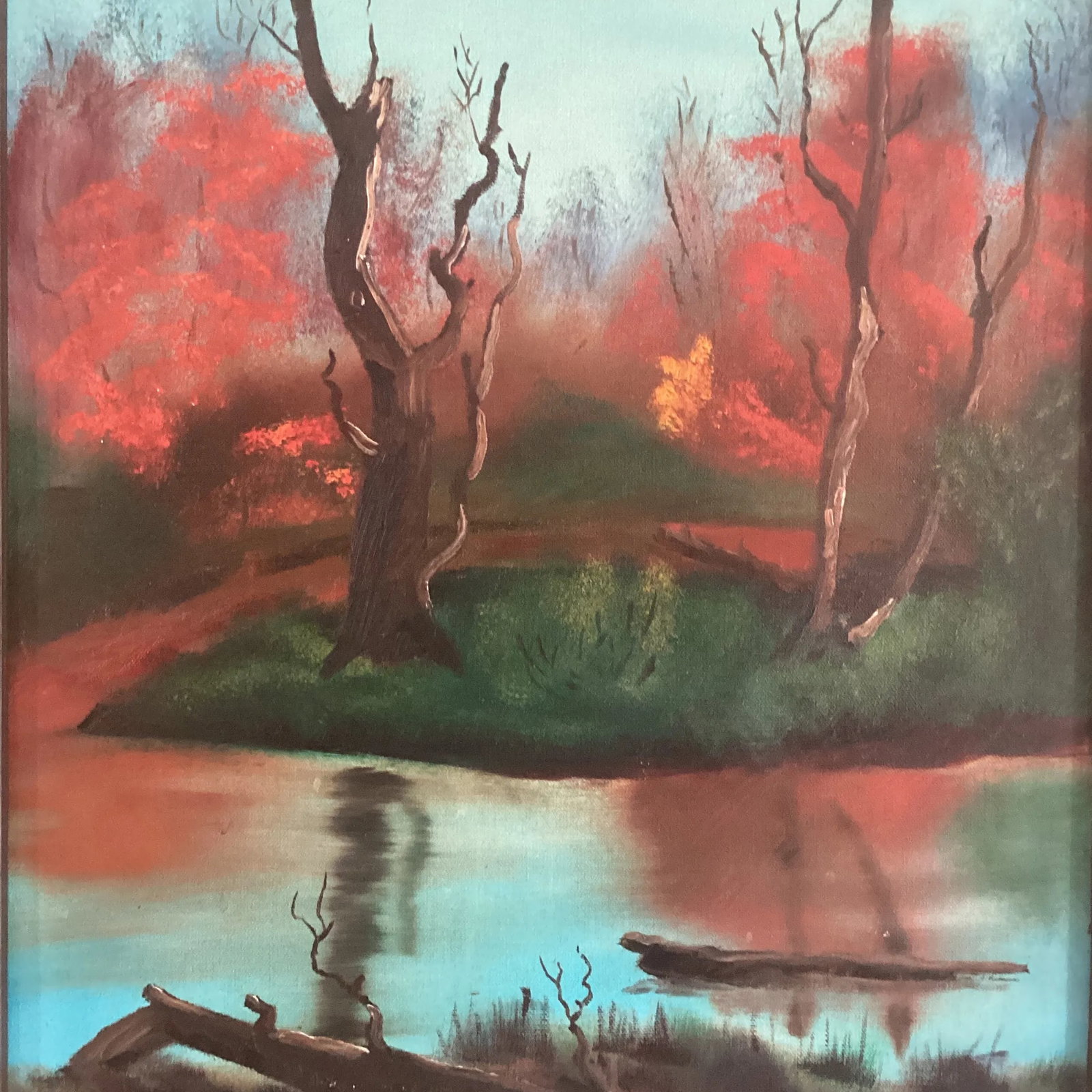 Mid Century Autumn Colors Landscape Painting on Canvas "October. Red Forest " Framed by M. Marten - 2
