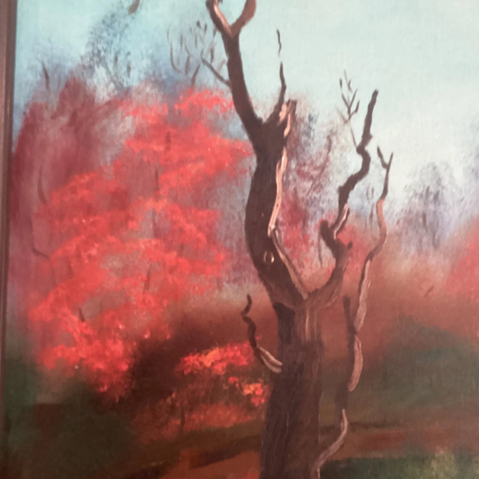 Mid Century Autumn Colors Landscape Painting on Canvas "October. Red Forest " Framed by M. Marten - 3
