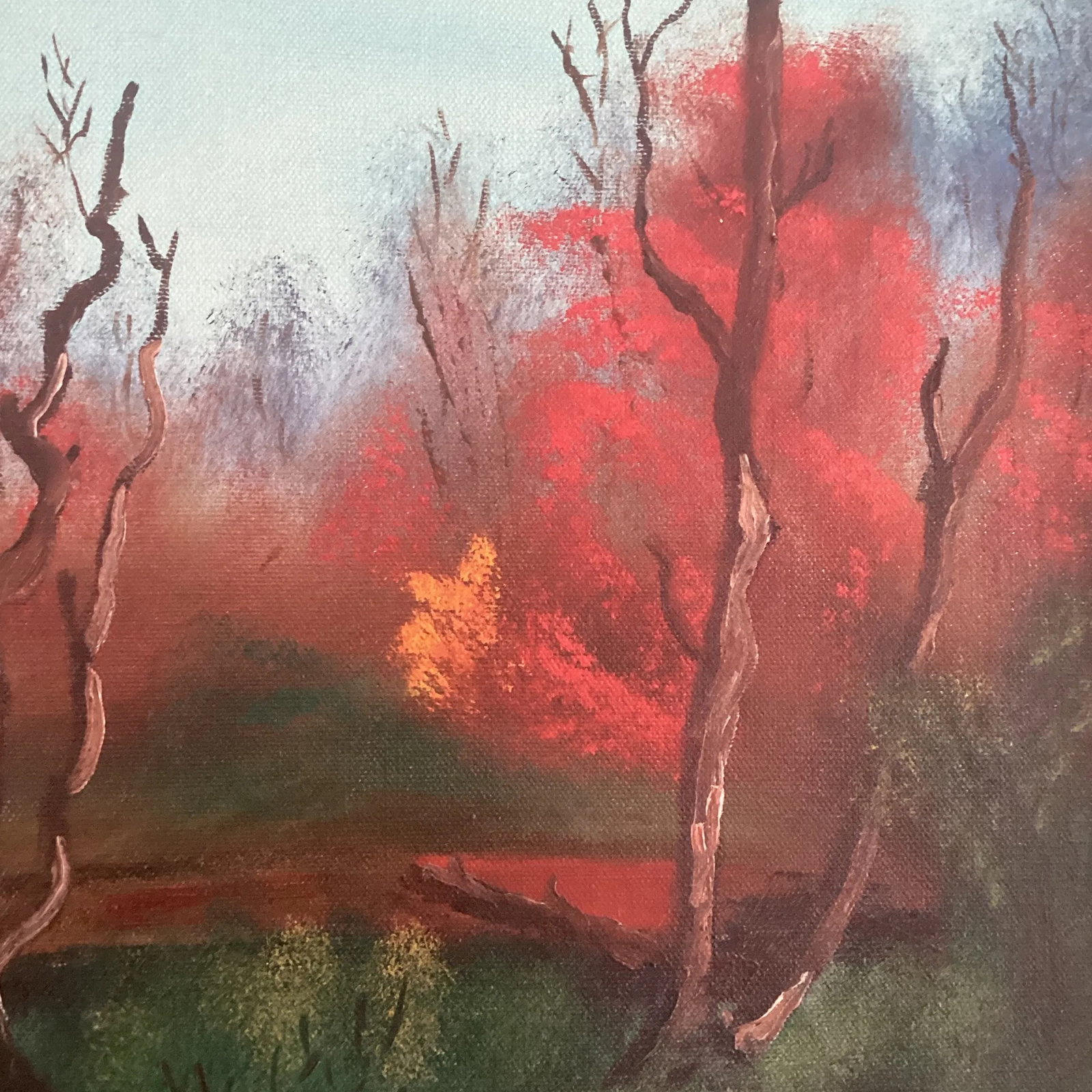 Mid Century Autumn Colors Landscape Painting on Canvas "October. Red Forest " Framed by M. Marten - 4
