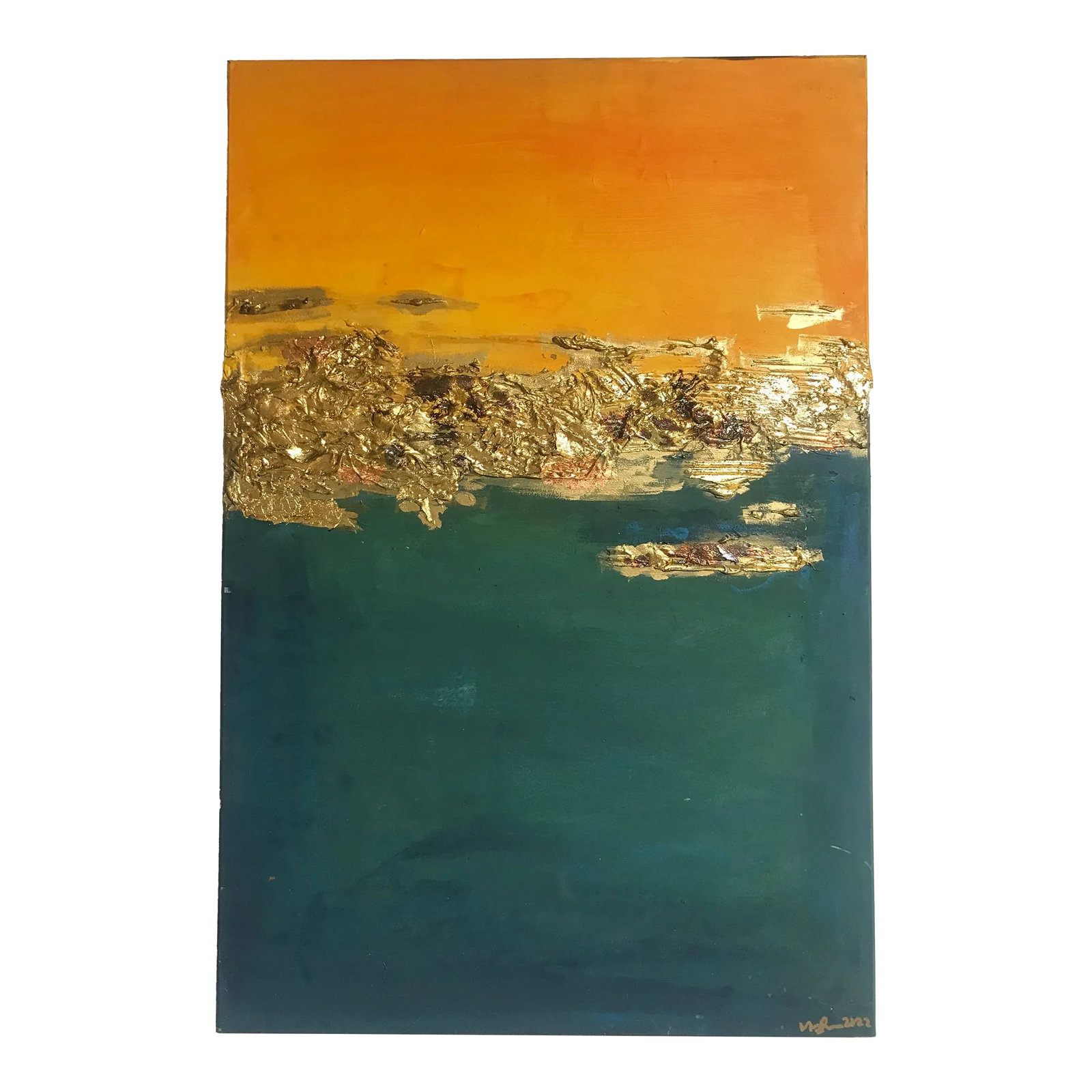 Gold in Teal and Yellow Mix Media Painting: Acrylic paint and plaster on wood canvas. Real gold leaf adorns the relief of it Condition: Imperfections: No Imperfections Condition Notes: perfect Origin: United States Materials & Techniques:<