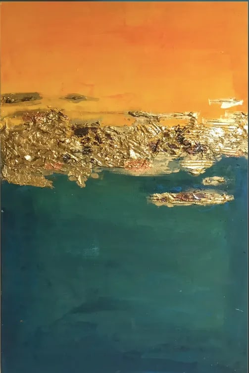 Gold in Teal and Yellow Mix Media Painting - 2