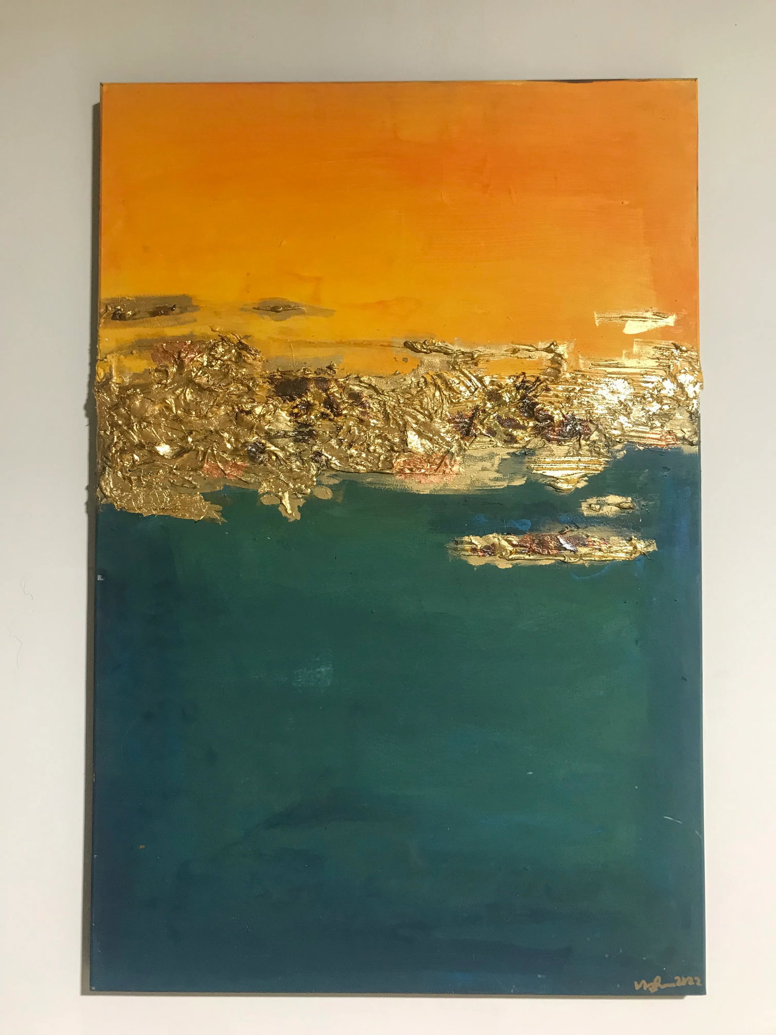Gold in Teal and Yellow Mix Media Painting - 3