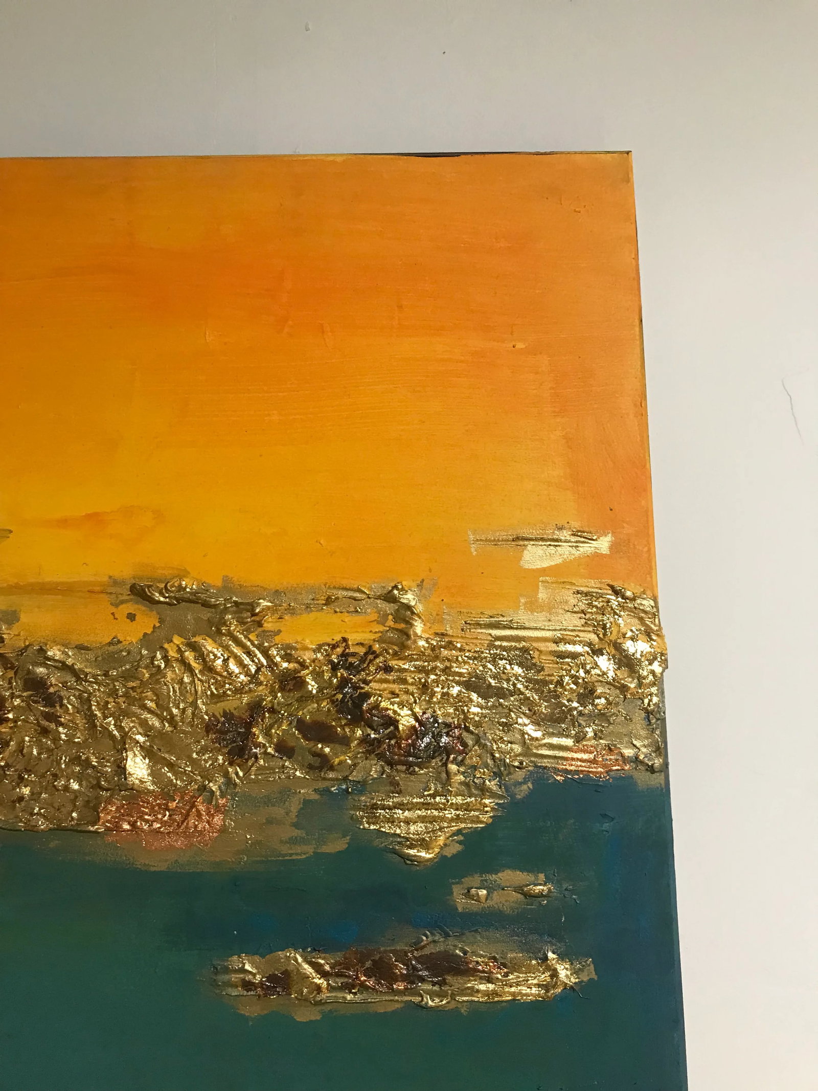 Gold in Teal and Yellow Mix Media Painting - 4