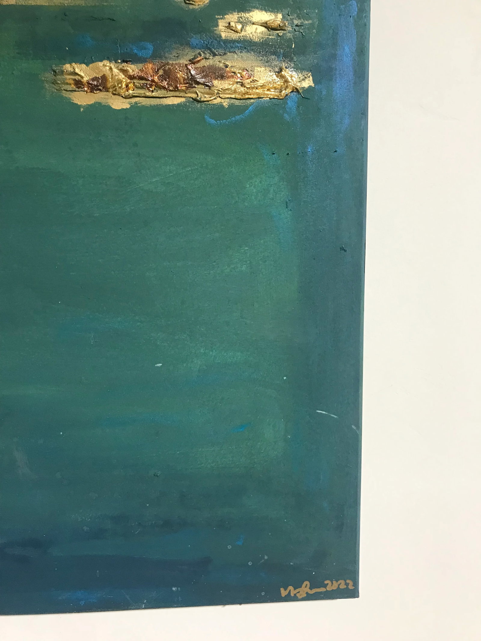 Gold in Teal and Yellow Mix Media Painting - 7