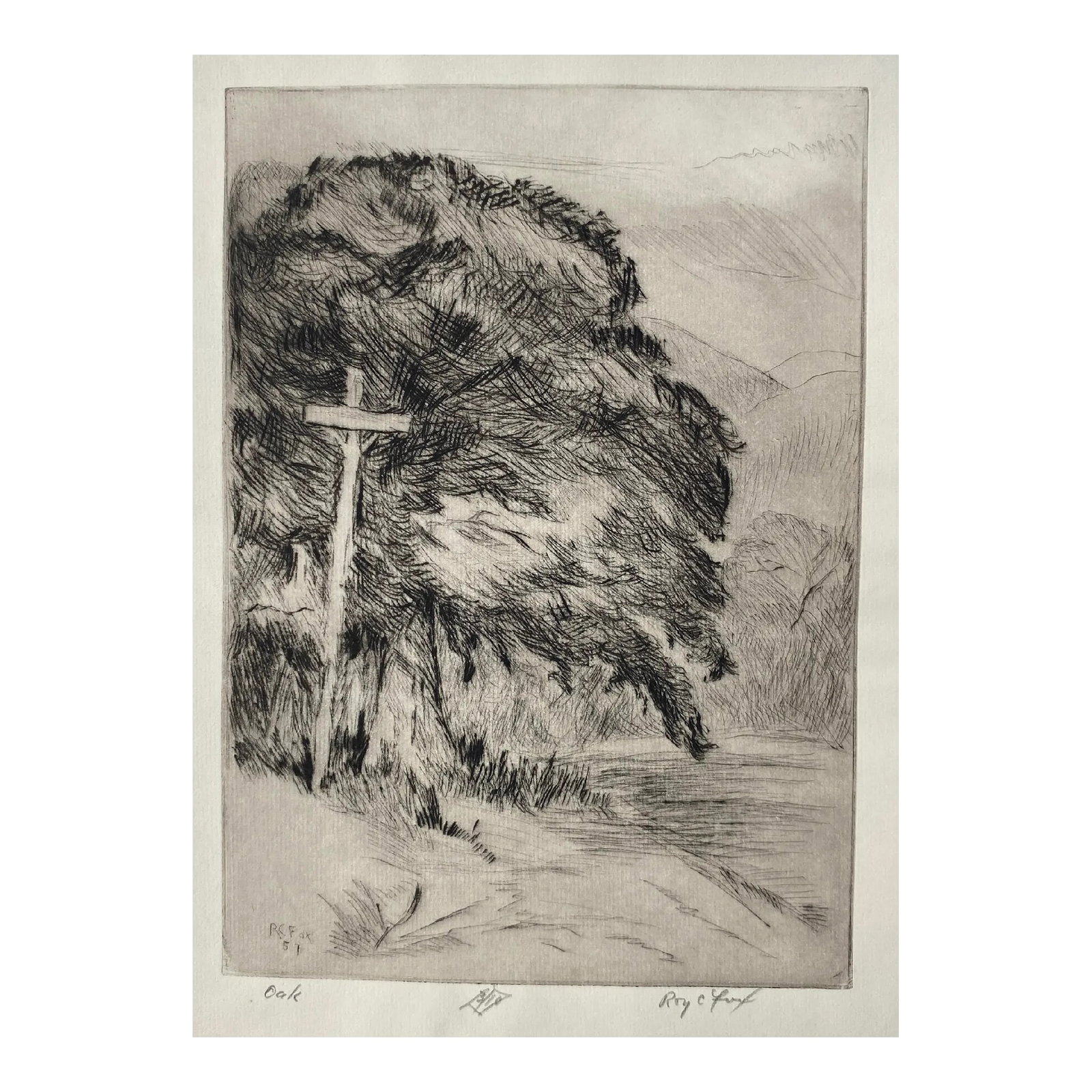 1957 Roy Fox Oak Landscape Drypoint: Roy Charles Fox (1908-1993) "Oak" landscape drypoint etching, pencil signed, title and numbered 3 of 10. Condition: Alterations: Original Condition Unaltered Imperfections: Some Imperfections