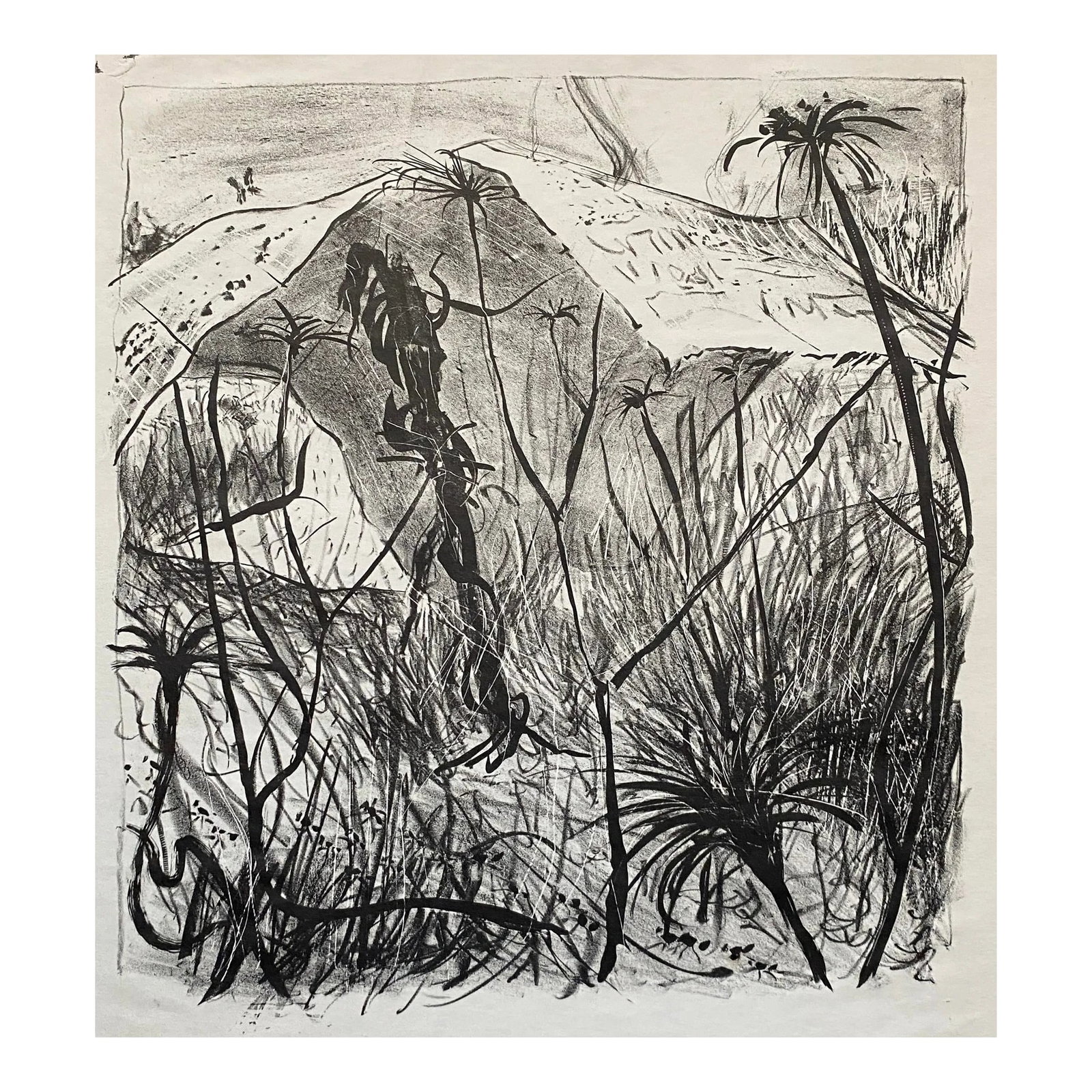1960s Mid Century Landscape Lithograph: Mountain landscape MCM lithograph. Unsigned. Condition: Alterations: Original Condition Unaltered Imperfections: Some Imperfections Condition Notes: Overall good condition. Origin: United States