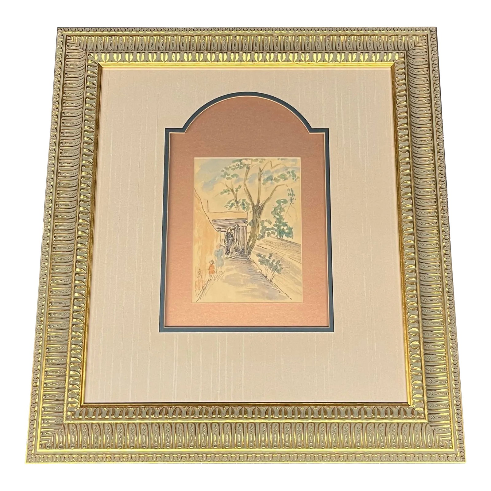 Late 20th Century Abstract Landscape Watercolor Painting: Framed watercolor. Contains three figures. One adult and two children. Oriental character inscription on the back. Matting to 6.5in x 8.75in. Condition: Alterations: Original Condition Unaltered
