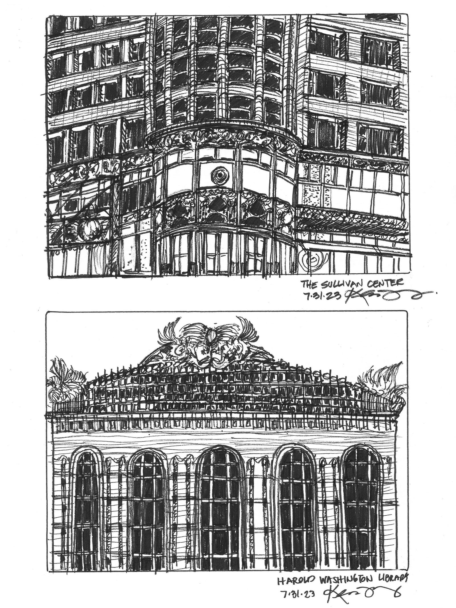 Chicago Sketch: The Sullivan Center & Harold Washington Library: This is an original hand sketch of The Sullivan Center & Harold Washington Library located in Chicago, Illinois . The sketches are enclosed in thin lined boxes, creating object and field on the