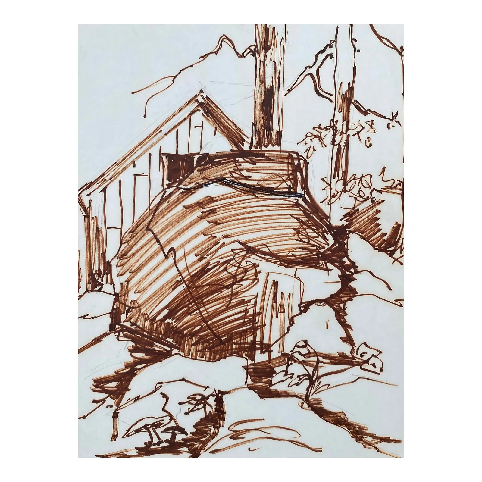 1960s Cabin Landscape Drawing: 1960s drawing in brown marker of a rustic cabin in a rocky landscape. Unsigned. Condition: Alterations: Original Condition Unaltered Imperfections: Some Imperfections Condition Notes: Overall good