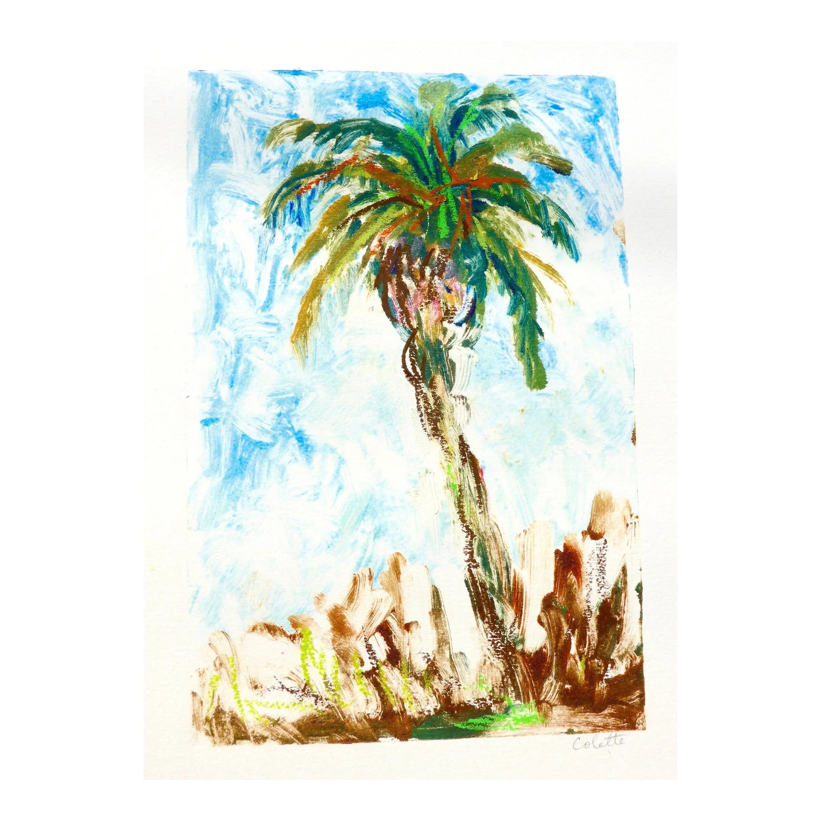 California Palm Monoprint on Paper: FREE SHIPPING: Over 26 people have liked this painting, be the one to own it or give it as a gift! Contemporary plein air landscape of a palm tree near a California beach. Soft colors are very