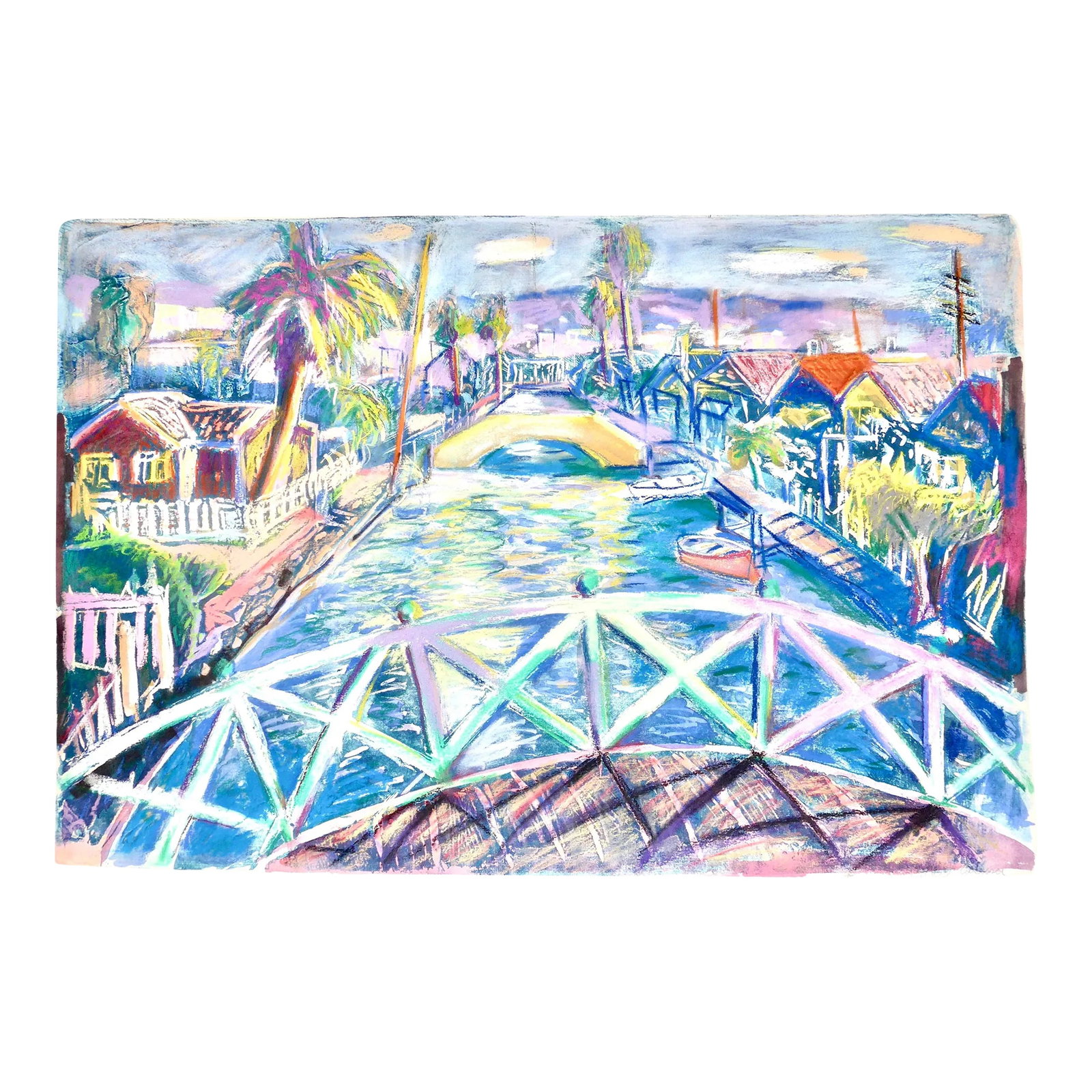 Contemporary "Venice Canal, California" Painted Mono Print on Paper: FREE shipping: Venice Canals California are a fabulous tourist destination. Along with the old original wooden beach houses are very modern homes and plenty of ducks and hatchlings that swim the the w