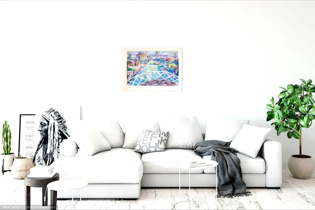 Contemporary "Venice Canal, California" Painted Mono Print on Paper - 4