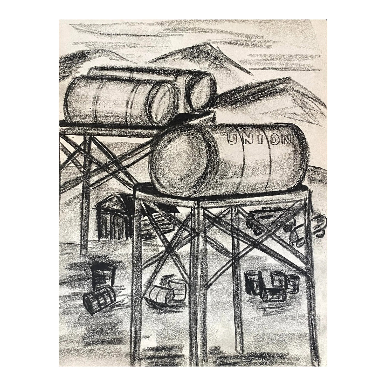 1950s Virginia Spencer Industrial Landscape Drawing: 1950s industrial drawing by artist Virginia Spencer, from an sketchbook of her San Francisco work. Unsigned. Condition: Alterations: Original Condition Unaltered Imperfections: Some Imperfections