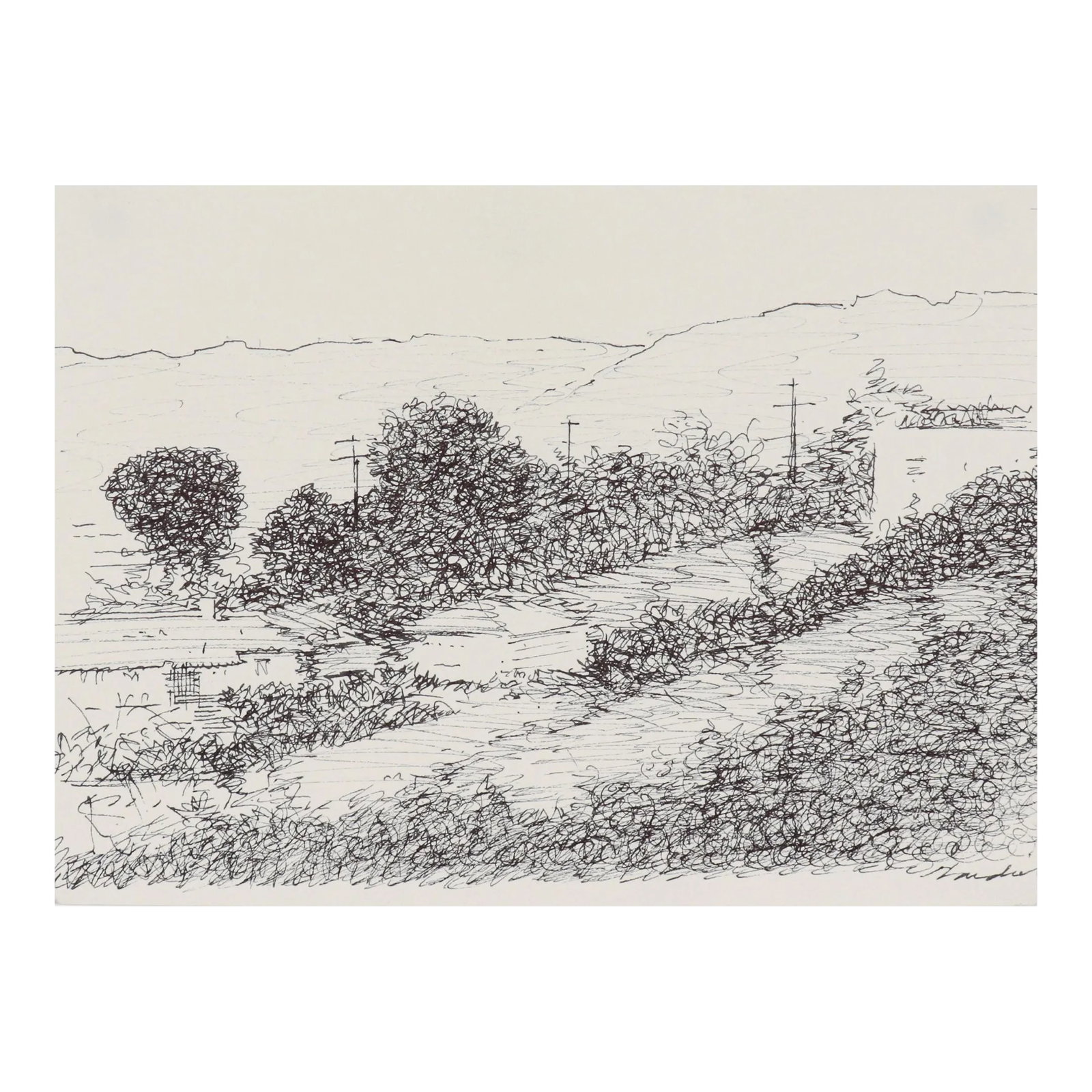 Los Angeles Hills Sketch Late 20th Century Ink: This late 20th century ink landscape is by Los Angeles artist, violin prodigy, and actor Schuyler Standish (1927-2010). As a child actor, Standish had roles in several Hollywood films during the early