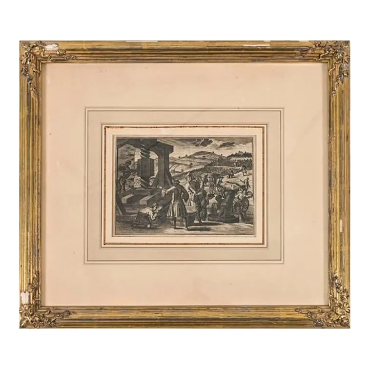 18th Century Vineyard Etching Illustrating a Wine Press: This etching appears in "Economvs Prvdens Et Legalis" by Franz Philipp Florinus (pub. 1702 and 1705); a German guide for household fathers. Dimensions: (Frame) H 14.25" x W 16.5" ; (Sight) H 5" x W
