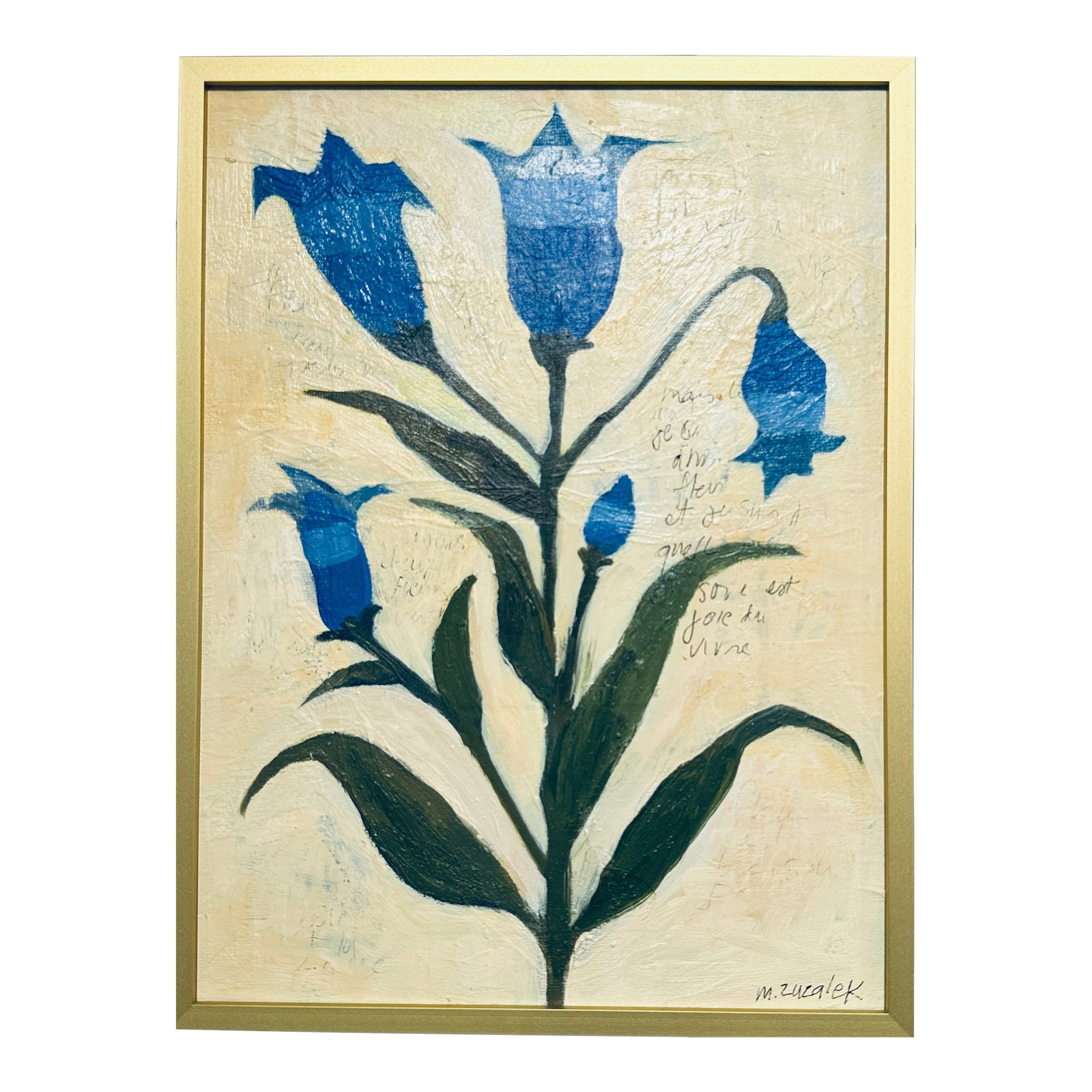 Original Botanical Floral Oil Painting "Etude Botanique #14" by Michele Zuzalek: Original botanical floral oil painting in blues, green, white and cream. French handwritten type is embedded in background. Painted on a 9x12 canvas panel. This painting is from my Etudes Botanique