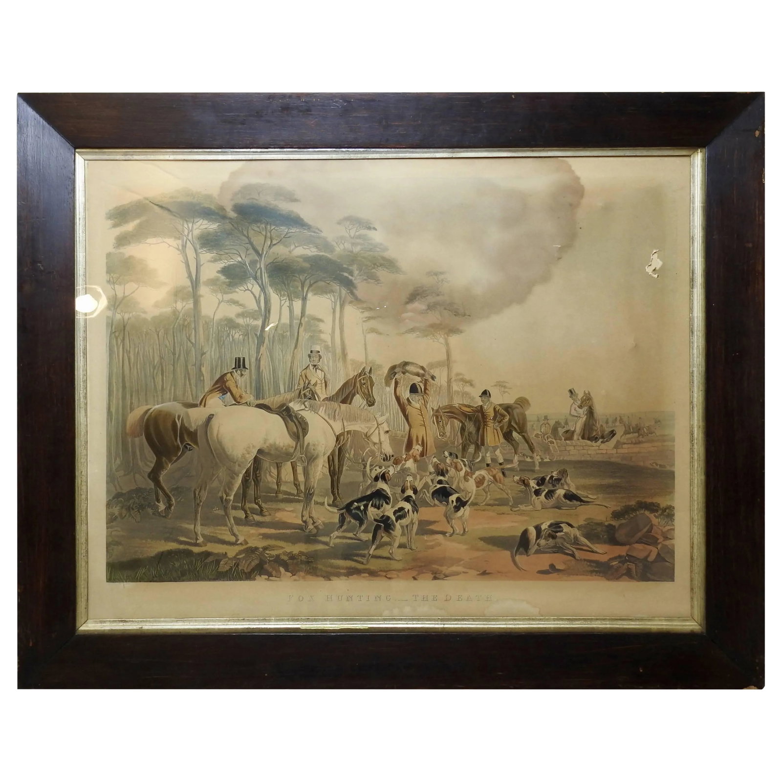 Fox Hunting "The Death" Lithograph by Artist J. F. Herring: This is 19th century lithograph of fox hunting "The Death". It is mounted in a solid walnut frame with gold trim with glazed glass. Created by English artist J. F. Herring Sen. 1795-1865. Engraved by