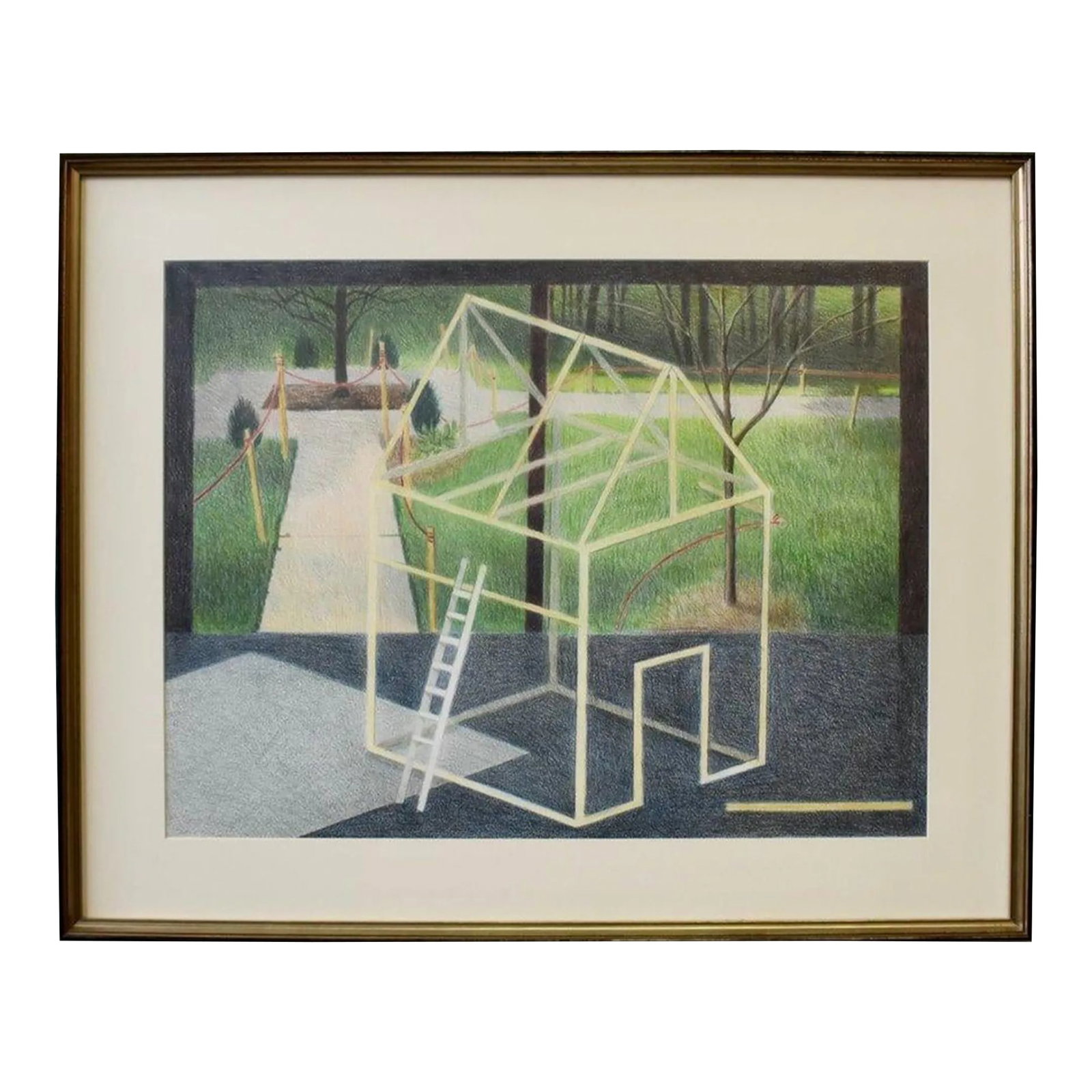 Vintage Large-Scale Postmodern Pencil Illustration, "Under Construction," by Janet Sorenson, Circa L: Vintage Large-Scale Postmodern Pencil Illustration, "Under Construction," by Janet Sorenson, Circa Late 1980s/1990s. Scenic, colored pencil rendering of an open-frame structure playfully centered on a