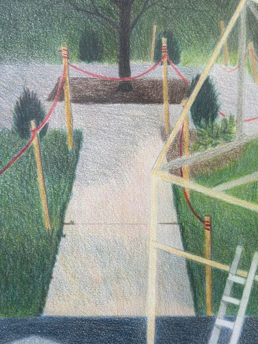 Vintage Large-Scale Postmodern Pencil Illustration, "Under Construction," by Janet Sorenson, Circa L - 6