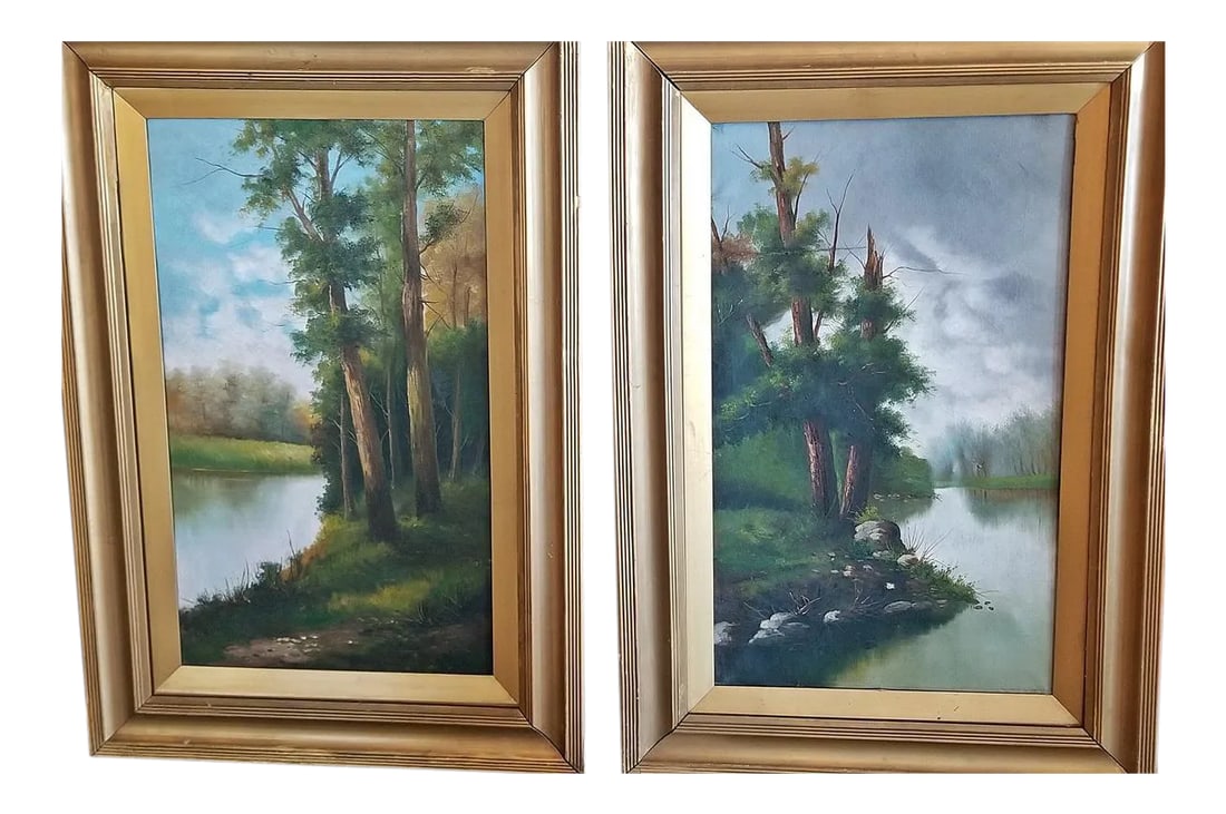 19c British Oils on Canvas of River and Forest Scenes - a Pair (1 of 12)