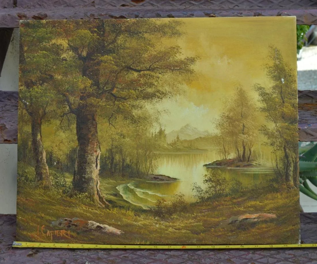 Oil Painting on Canvas by Italian Artist: I. Cafieri Vintage 1990s Forest & the Lake Natural Nature - 10