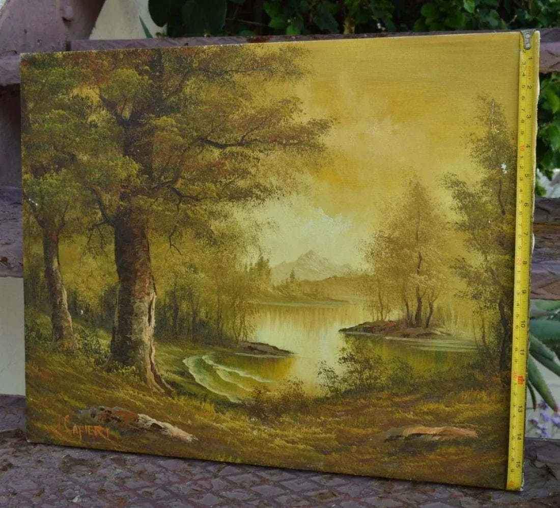 Oil Painting on Canvas by Italian Artist: I. Cafieri Vintage 1990s Forest & the Lake Natural Nature - 11