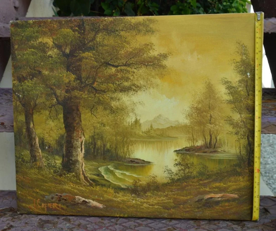 Oil Painting on Canvas by Italian Artist: I. Cafieri Vintage 1990s Forest & the Lake Natural Nature - 12