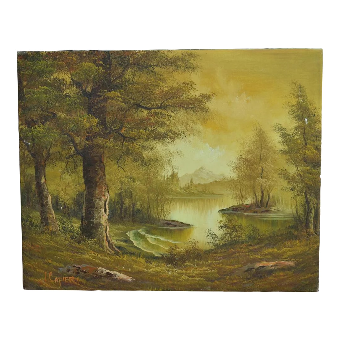 Oil Painting on Canvas by Italian Artist: I. Cafieri Vintage 1990s Forest & the Lake Natural Nature: Oil on Canvas By Italian Artist: I. Cafieri Vintage 1990s Portraying: Forest & The Lake Landscape Natural Nature Colors Greens & Beiges Un-Framed 16'' Height x 20'' Width Refer to images 09 - 10 - 11