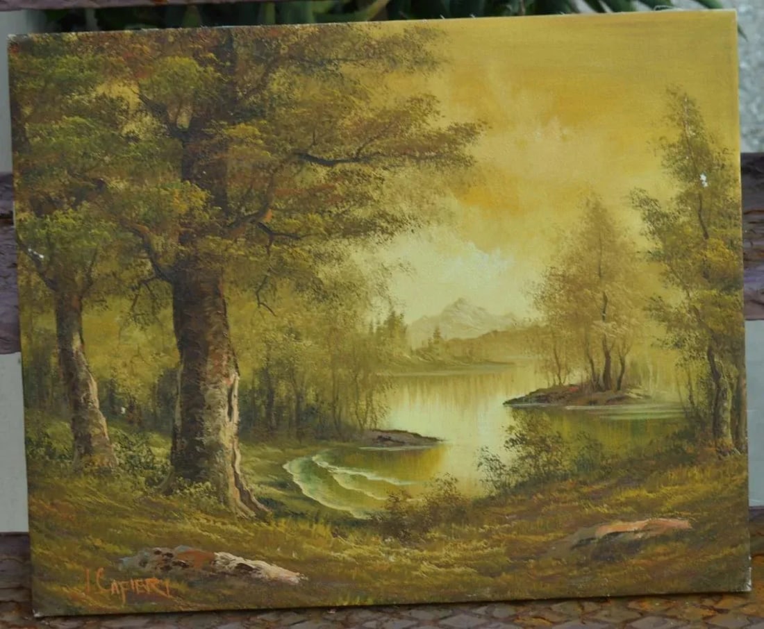 Oil Painting on Canvas by Italian Artist: I. Cafieri Vintage 1990s Forest & the Lake Natural Nature - 2
