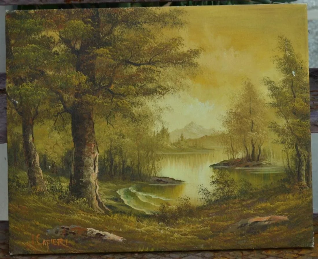 Oil Painting on Canvas by Italian Artist: I. Cafieri Vintage 1990s Forest & the Lake Natural Nature - 3