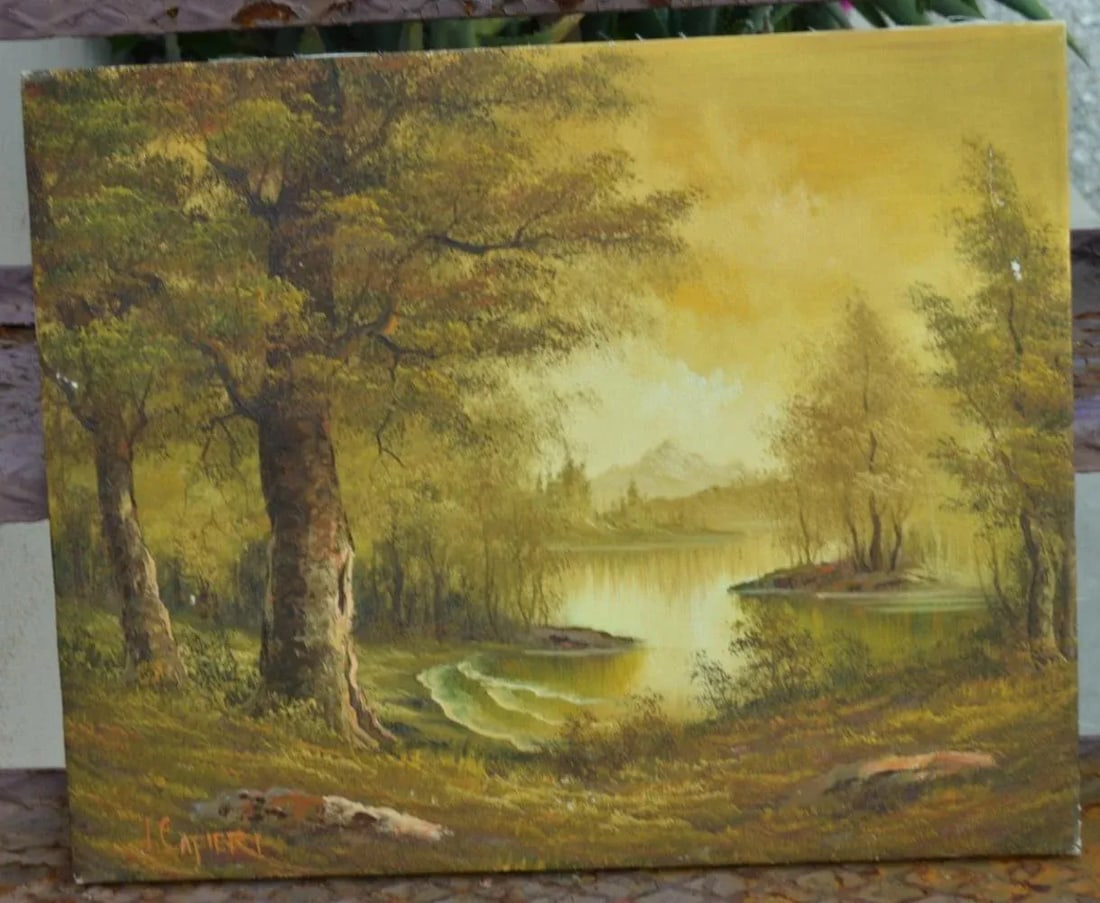 Oil Painting on Canvas by Italian Artist: I. Cafieri Vintage 1990s Forest & the Lake Natural Nature - 4