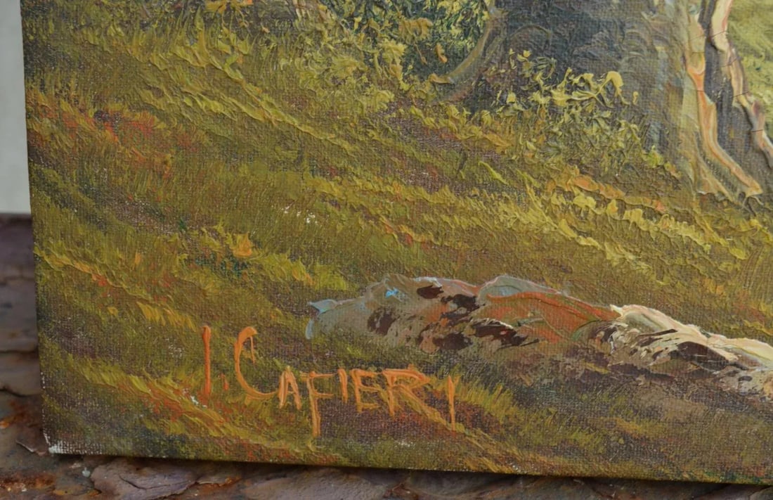 Oil Painting on Canvas by Italian Artist: I. Cafieri Vintage 1990s Forest & the Lake Natural Nature - 5