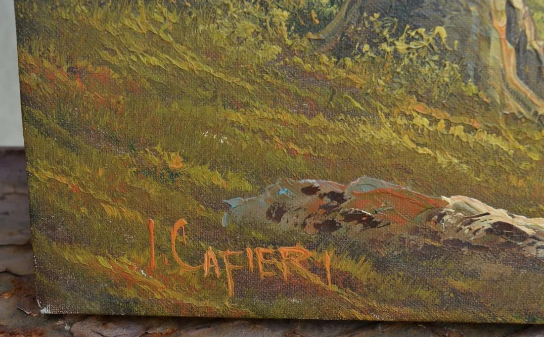 Oil Painting on Canvas by Italian Artist: I. Cafieri Vintage 1990s Forest & the Lake Natural Nature - 6
