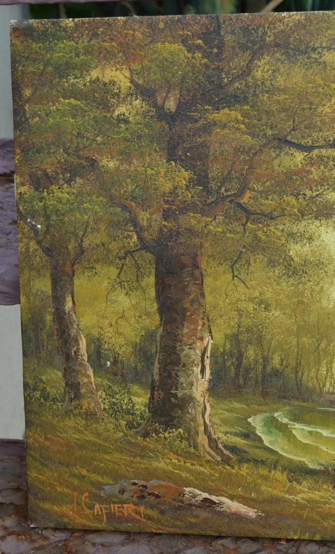 Oil Painting on Canvas by Italian Artist: I. Cafieri Vintage 1990s Forest & the Lake Natural Nature - 7
