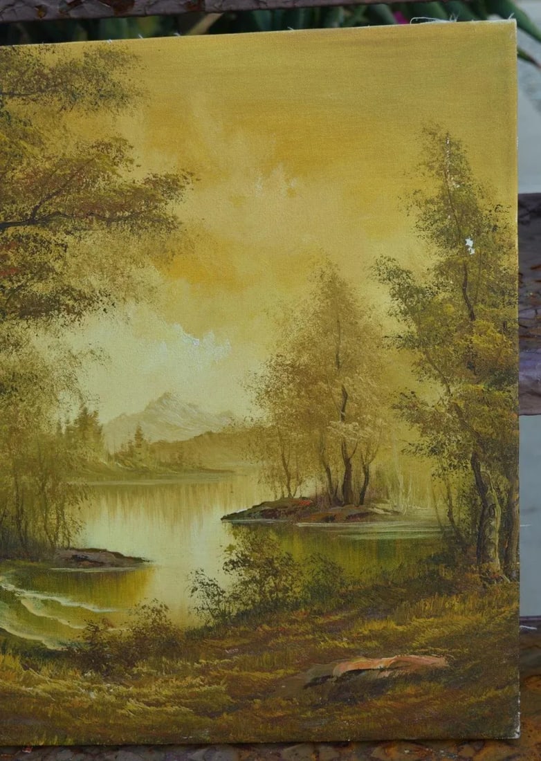 Oil Painting on Canvas by Italian Artist: I. Cafieri Vintage 1990s Forest & the Lake Natural Nature - 8