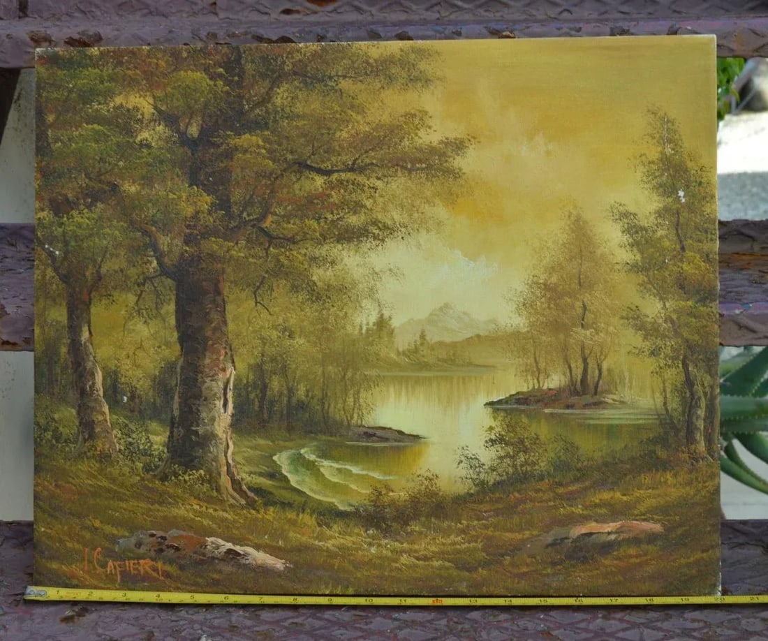 Oil Painting on Canvas by Italian Artist: I. Cafieri Vintage 1990s Forest & the Lake Natural Nature - 9