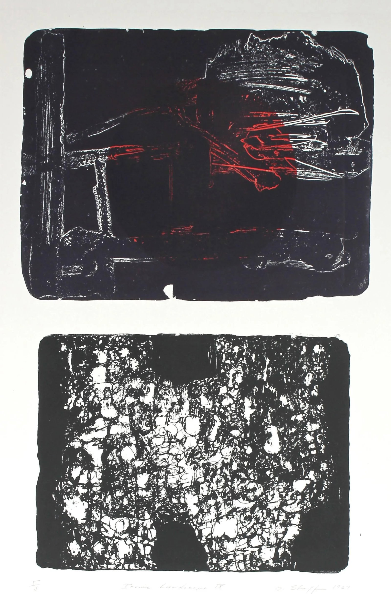 Gary Lee Shaffer " Landscape Ix" Abstract Expressionist Lithograph, 1967: Entitled "Iconic Landscape IX" this 1967 stone lithograph on rag paper in red and black is by is by New York/ San Francisco artist Gary L. Shaffer (1936-2001). Shaffer trained with Hans Hofmann in the