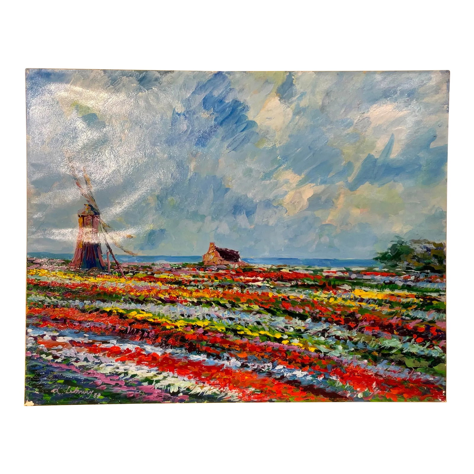 Spring in Holland , Tulip Field Painting , Oil on Paper: Spring landscape with tulip fields, beautifully painted in vibrant colours ,oil on paper ,Impressionist style ,This piece signed and dated by the artist , frame is not included. Condition: Alterations