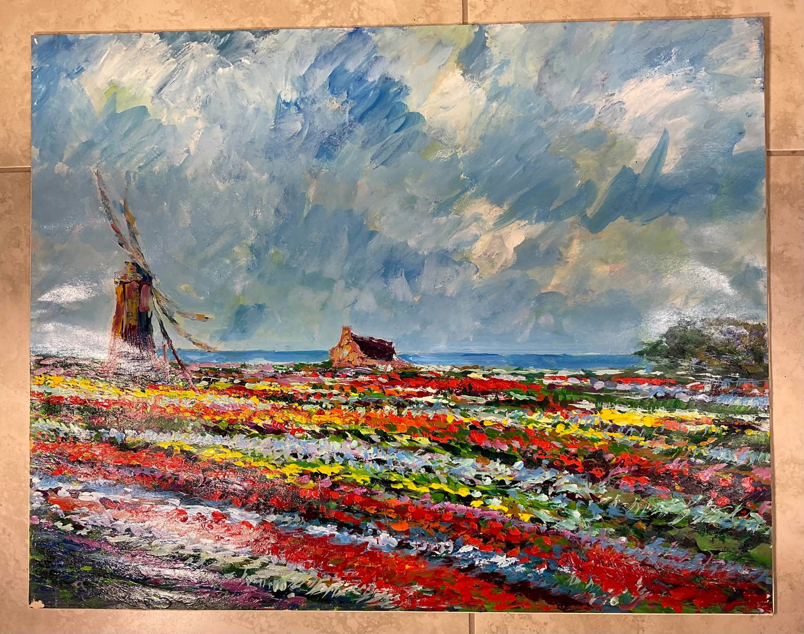 Spring in Holland , Tulip Field Painting , Oil on Paper - 2